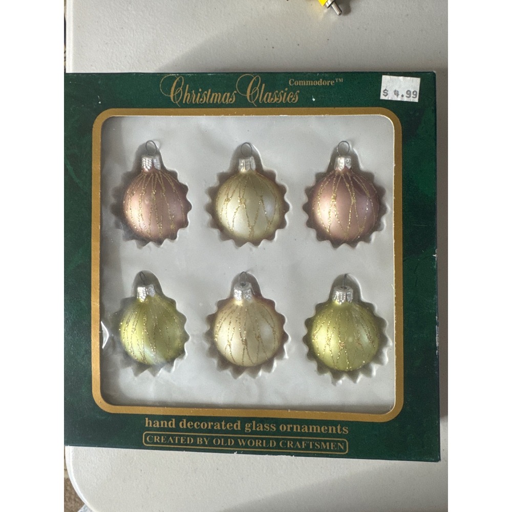 VTG Commodore Christmas Classics Hand Decorated Glass Ornaments Set of 6 Romania